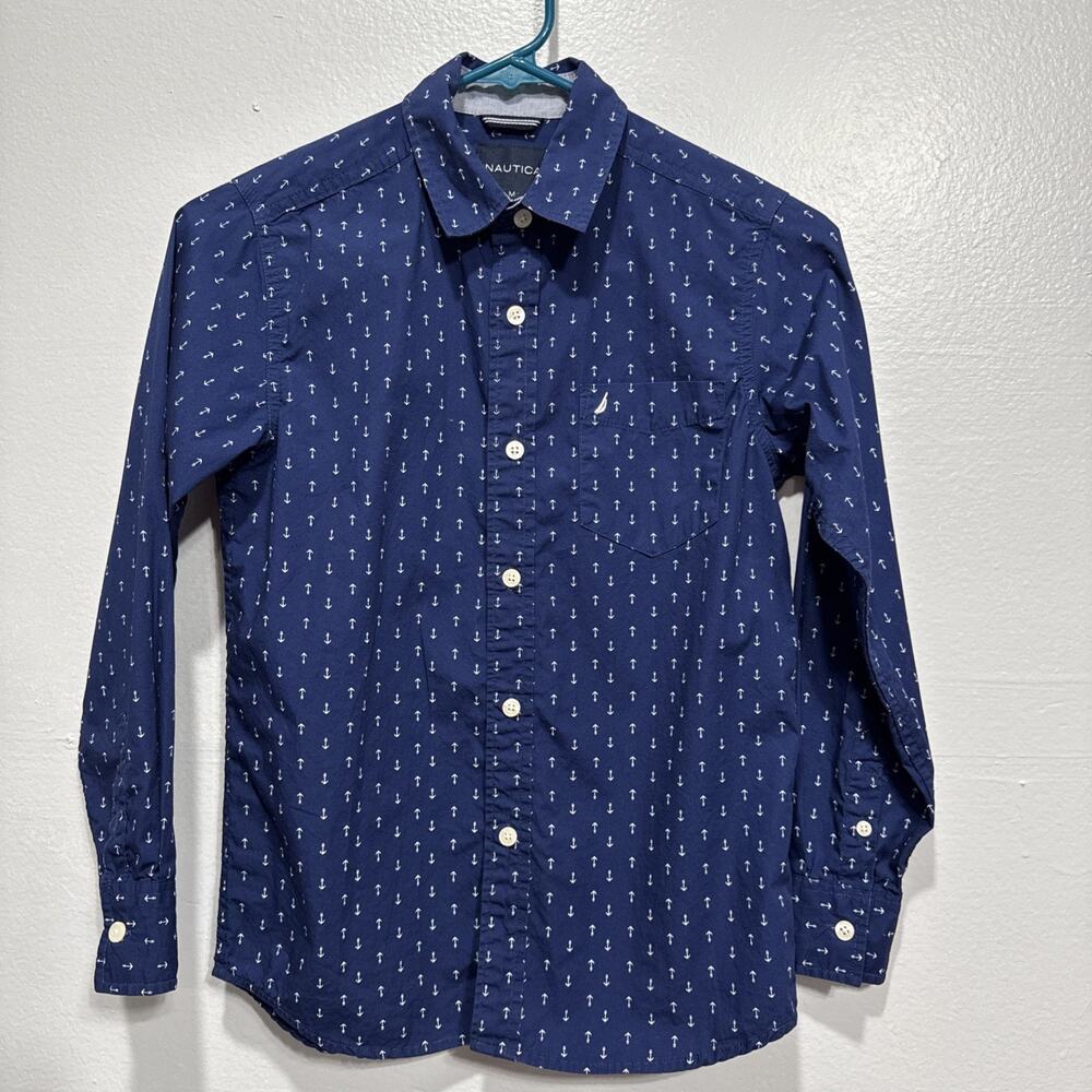 Nautica Boy’s Blue Anchor Print Button-Down Shirt Long Sleeve Size M (10-12)